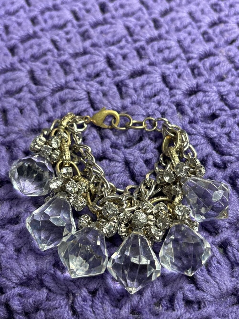 Goldtone Silvertone Chunky Chain Bracelet Faceted Clear Beads Rhinestone Cluster